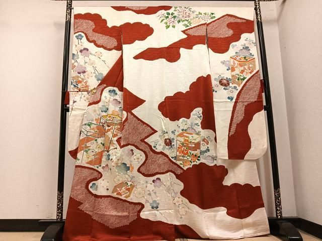 平和屋着物●豪華振袖 絞り 駒刺繍 貝桶花文 金彩 正絹 逸品 AABN5772ph