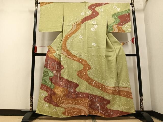 平和屋着物●中国三大刺繍 スワトウ刺繍 汕頭刺繍 訪問着 絞り 流水草花文 正絹 逸品 AABN5797ph