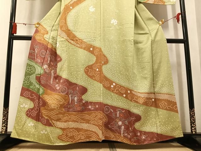 平和屋着物●中国三大刺繍 スワトウ刺繍 汕頭刺繍 訪問着 絞り 流水草花文 正絹 逸品 AABN5797ph