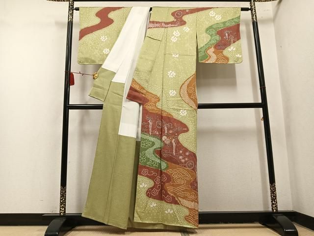 平和屋着物●中国三大刺繍 スワトウ刺繍 汕頭刺繍 訪問着 絞り 流水草花文 正絹 逸品 AABN5797ph