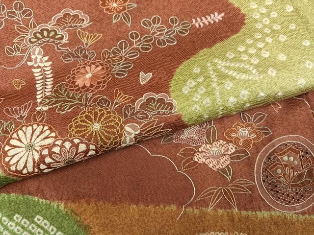平和屋着物●中国三大刺繍 スワトウ刺繍 汕頭刺繍 訪問着 絞り 流水草花文 正絹 逸品 AABN5797ph