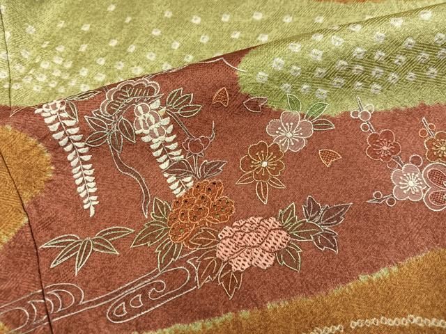 平和屋着物●中国三大刺繍 スワトウ刺繍 汕頭刺繍 訪問着 絞り 流水草花文 正絹 逸品 AABN5797ph