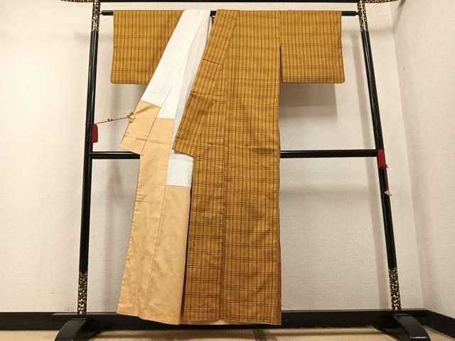 平和屋着物●本場黄八丈 綾織 紬 格子 正絹 逸品 AABN5801ph