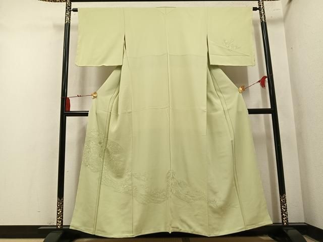 平和屋着物●中国三大刺繍 汕頭刺繍 スワトウ刺繍 総刺繍 無地絵羽訪問着 地紙草花文 色無地 若菜色 正絹 逸品 未使用 AABN5802ph