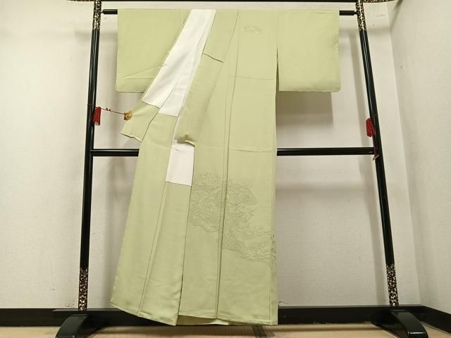 平和屋着物●中国三大刺繍 汕頭刺繍 スワトウ刺繍 総刺繍 無地絵羽訪問着 地紙草花文 色無地 若菜色 正絹 逸品 未使用 AABN5802ph