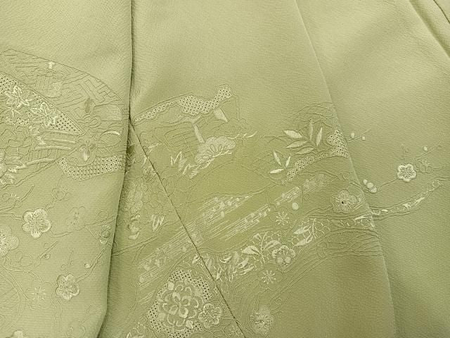 平和屋着物●中国三大刺繍 汕頭刺繍 スワトウ刺繍 総刺繍 無地絵羽訪問着 地紙草花文 色無地 若菜色 正絹 逸品 未使用 AABN5802ph