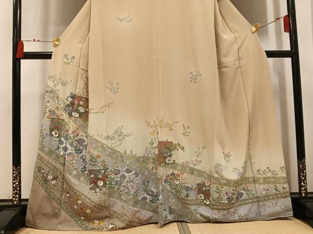 平和屋着物●中国三大刺繍 スワトウ刺繍 汕頭刺繍 総刺繍 訪問着 色紙草花文 暈し染め 金糸 正絹 逸品 AABN5832ph