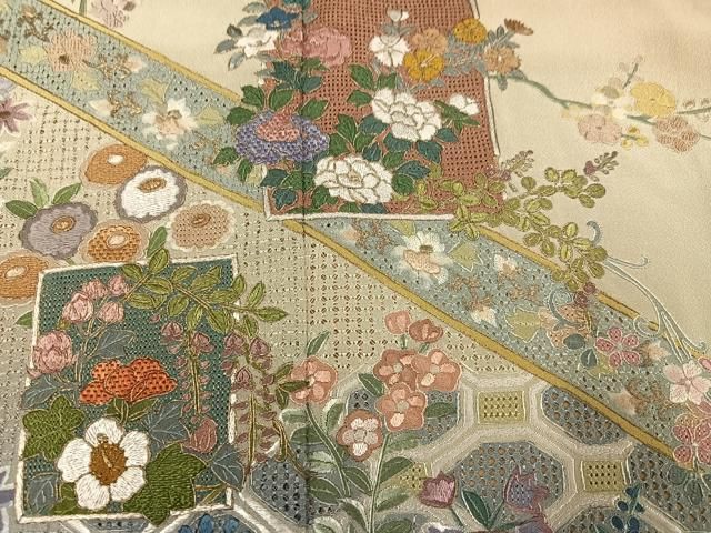 平和屋着物●中国三大刺繍 スワトウ刺繍 汕頭刺繍 総刺繍 訪問着 色紙草花文 暈し染め 金糸 正絹 逸品 AABN5832ph
