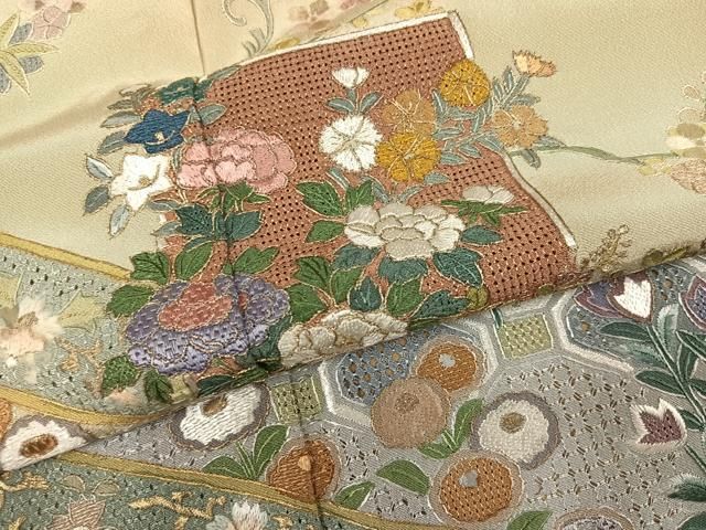 平和屋着物●中国三大刺繍 スワトウ刺繍 汕頭刺繍 総刺繍 訪問着 色紙草花文 暈し染め 金糸 正絹 逸品 AABN5832ph