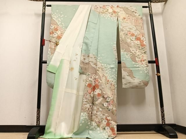 平和屋着物●豪華振袖 草花文 金彩 ロング丈 正絹 逸品 AABN5836ph