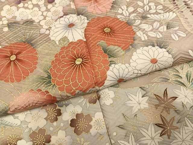 平和屋着物●豪華振袖 草花文 金彩 ロング丈 正絹 逸品 AABN5836ph
