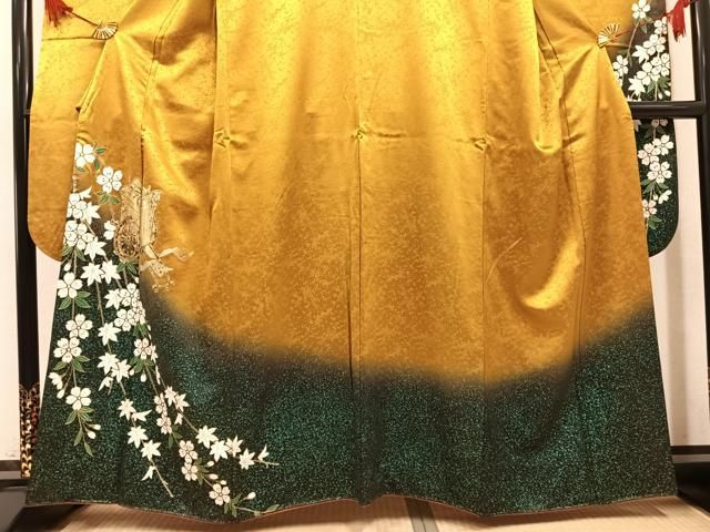 平和屋着物●豪華振袖 御所車草花文 暈し染め 金銀彩 正絹 逸品 AABN5841ph
