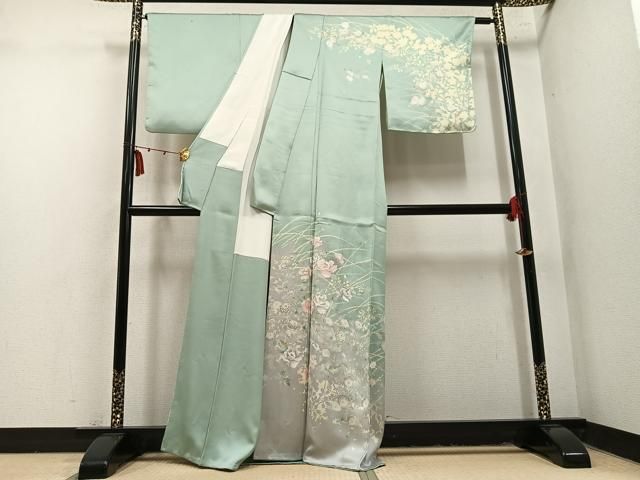 平和屋着物●訪問着 刺繍 草花文 丹後ちりめん 金彩 反端付き 正絹 逸品 AABN5843ph