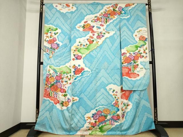 平和屋着物●豪華振袖 絞り 駒刺繍 型染め 草花文 金彩正絹 逸品 AABN6006ck