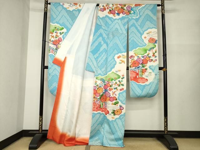 平和屋着物●豪華振袖 絞り 駒刺繍 型染め 草花文 金彩正絹 逸品 AABN6006ck