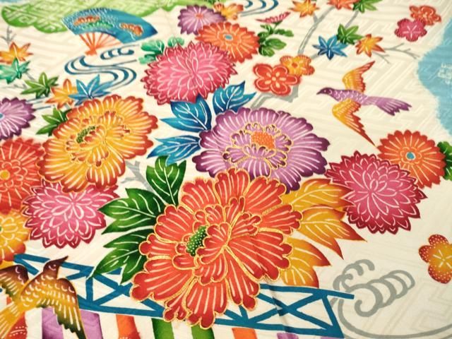 平和屋着物●豪華振袖 絞り 駒刺繍 型染め 草花文 金彩正絹 逸品 AABN6006ck