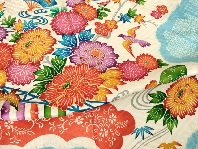 平和屋着物●豪華振袖 絞り 駒刺繍 型染め 草花文 金彩正絹 逸品 AABN6006ck