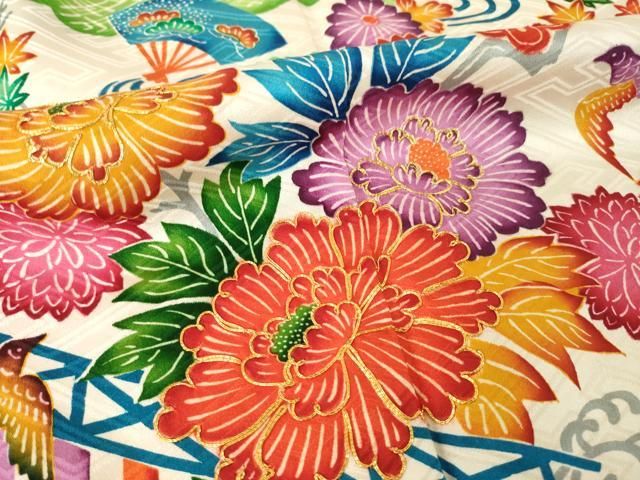 平和屋着物●豪華振袖 絞り 駒刺繍 型染め 草花文 金彩正絹 逸品 AABN6006ck