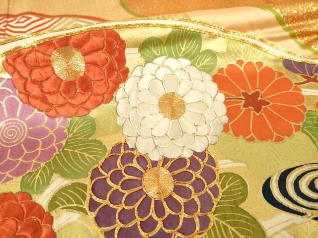平和屋着物●豪華振袖 駒刺繍 扇面花文 金彩 正絹 逸品 AABN6018ck