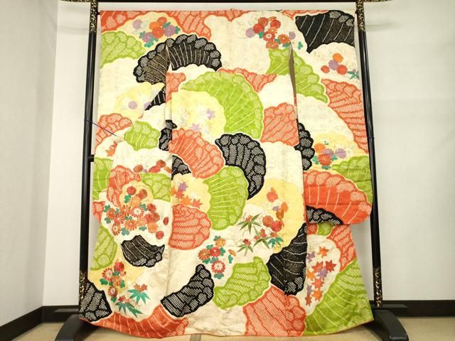平和屋着物●豪華振袖 絞り 駒刺繍 草花文 金糸 金彩 鈴乃屋扱い 正絹 逸品 AABN6027ck