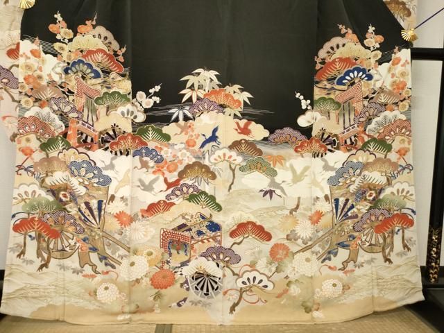 平和屋本店●アンティーク 大正ロマン 振袖 駒刺繍 御所車吉祥花文 黒地 金銀彩 正絹 逸品 AABN6066ck