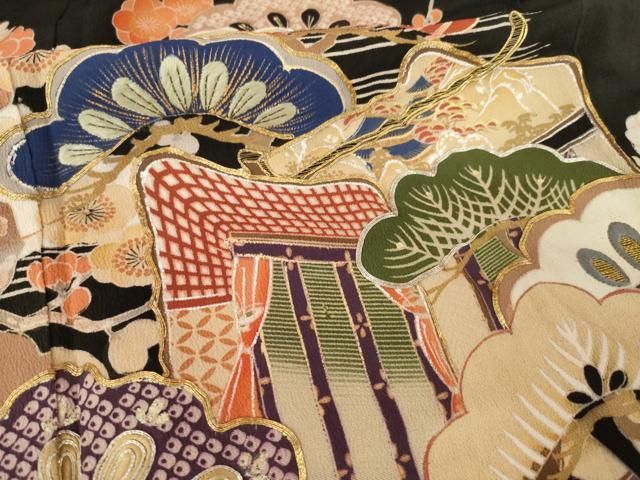 平和屋本店●アンティーク 大正ロマン 振袖 駒刺繍 御所車吉祥花文 黒地 金銀彩 正絹 逸品 AABN6066ck