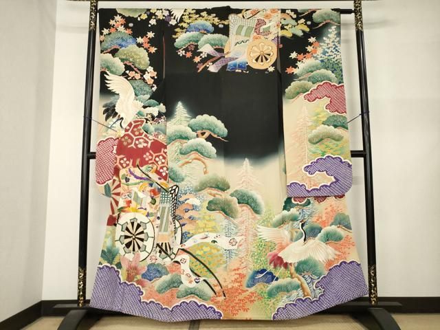 平和屋本店●アンティーク 大正ロマン 振袖 駒刺繍 御所車花文 正絹 逸品 AABN6068ck