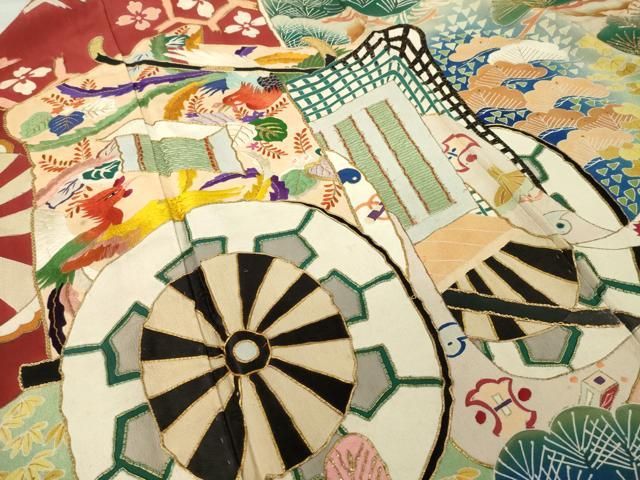 平和屋本店●アンティーク 大正ロマン 振袖 駒刺繍 御所車花文 正絹 逸品 AABN6068ck