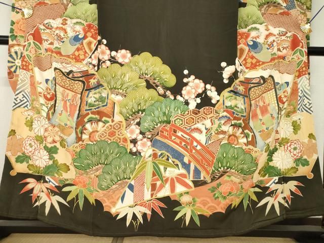 平和屋本店●アンティーク 大正ロマン 振袖 駒刺繍 御所車花文 黒地 金彩 正絹 逸品 AABN6069ck
