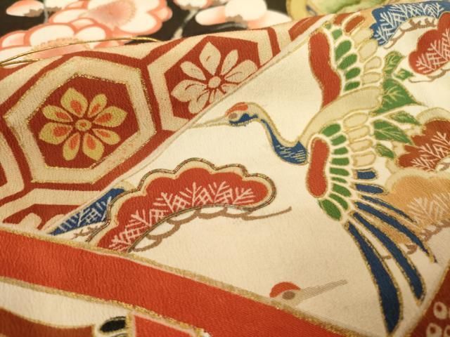 平和屋本店●アンティーク 大正ロマン 振袖 駒刺繍 御所車花文 黒地 金彩 正絹 逸品 AABN6069ck