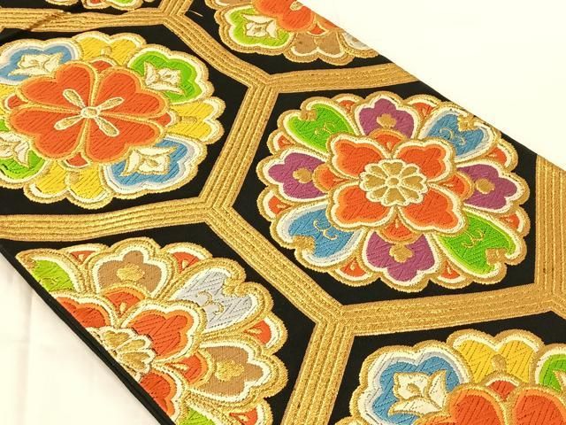 平和屋着物◎六通柄袋帯 唐織 亀甲花文 黒地 金銀糸 正絹 逸品 AABN6081dk