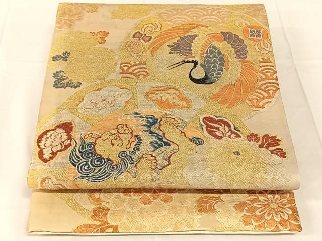 平和屋着物◎アンティーク 大正ロマン 六通柄袋帯 飛鶴唐獅子文 金銀糸 正絹 逸品 AABN6082dk