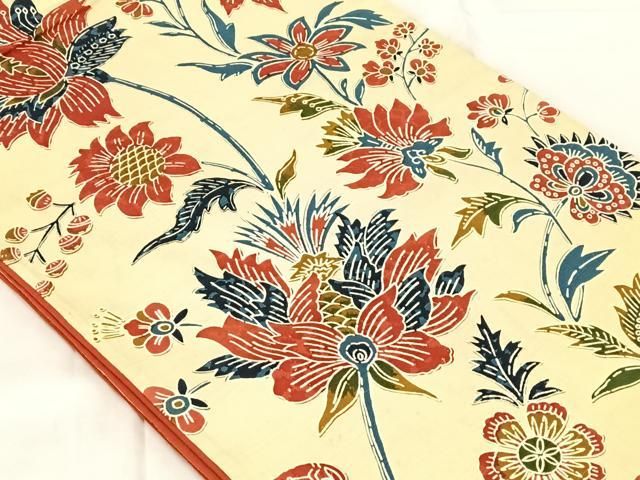 平和屋着物◎全通柄 京袋帯 紬地 更紗花文 正絹 逸品 AABN6095dk