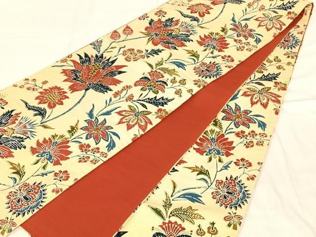 平和屋着物◎全通柄 京袋帯 紬地 更紗花文 正絹 逸品 AABN6095dk