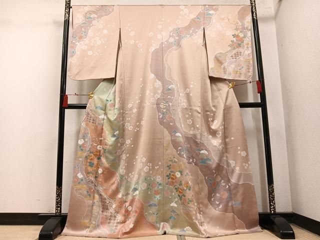 平和屋着物●訪問着 作家物 駒刺繍 雪花 草花文 金彩 正絹 逸品 AABN7440ph