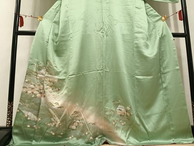 平和屋着物●訪問着 渡り橋風景草花文 暈し染め 金銀彩 三越扱い 正絹 逸品 AABN7459ph