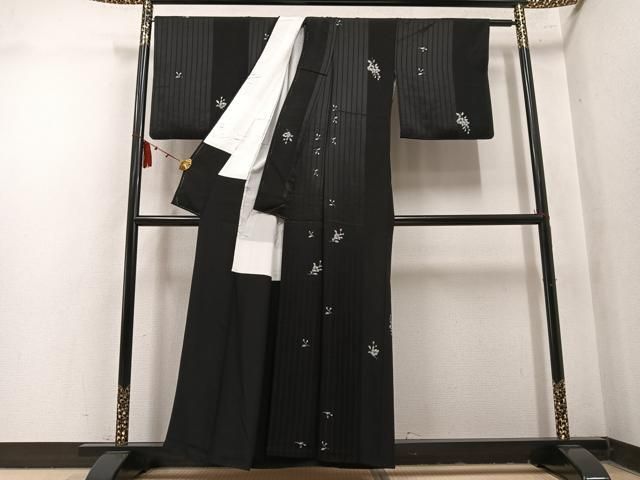 平和屋着物●上質な小紋 枝花文 黒地 正絹 逸品 AABN7460ph