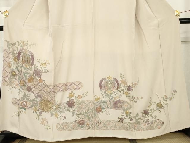 平和屋着物●中国三大刺繍 スワトウ刺繍 汕頭刺繍 総刺繍 訪問着 双鳥更紗花文 金糸 正絹 逸品 AABN8008cs