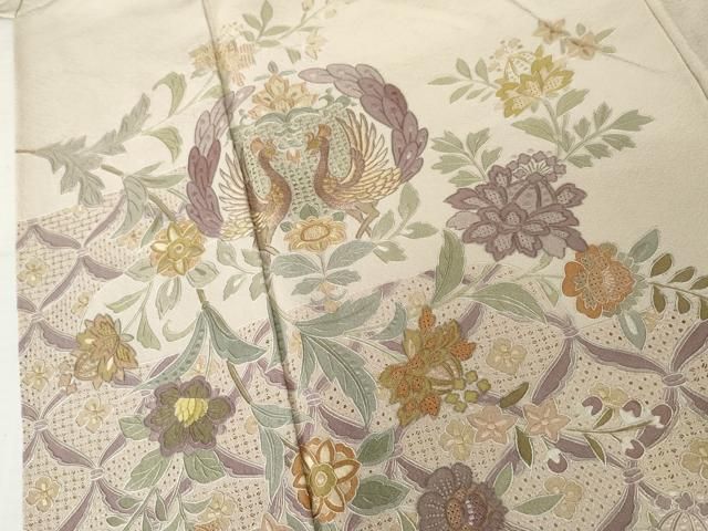 平和屋着物●中国三大刺繍 スワトウ刺繍 汕頭刺繍 総刺繍 訪問着 双鳥更紗花文 金糸 正絹 逸品 AABN8008cs