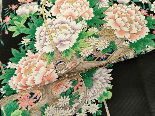 平和屋着物●創業460年・千總 小紋 花篭文 黒地 金彩 正絹 逸品 AABN8018cs