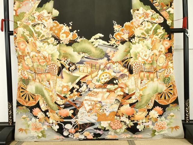 平和屋本店●アンティーク 大正ロマン 振袖 駒刺繍 御所車吉祥花文 黒地 正絹 逸品 AABN8091cs