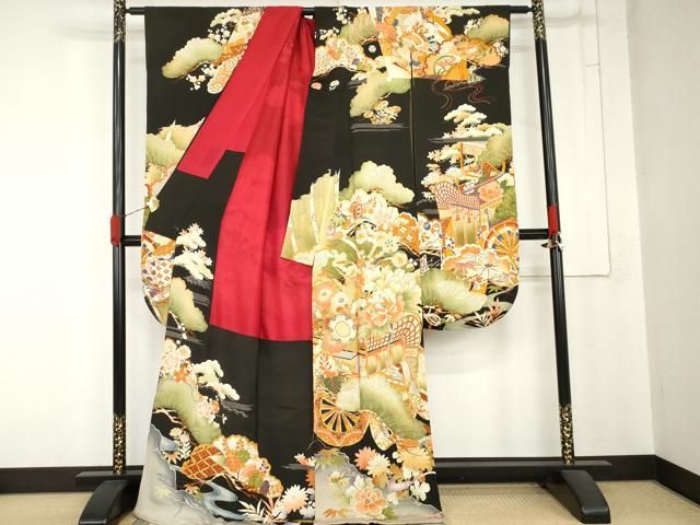 平和屋本店●アンティーク 大正ロマン 振袖 駒刺繍 御所車吉祥花文 黒地 正絹 逸品 AABN8091cs