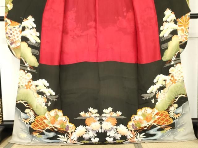 平和屋本店●アンティーク 大正ロマン 振袖 駒刺繍 御所車吉祥花文 黒地 正絹 逸品 AABN8091cs
