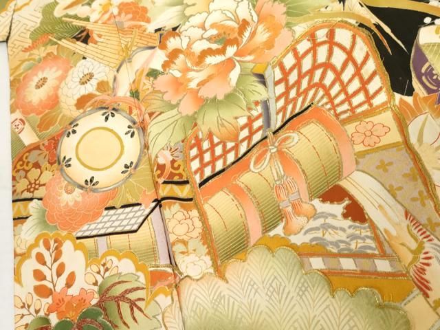 平和屋本店●アンティーク 大正ロマン 振袖 駒刺繍 御所車吉祥花文 黒地 正絹 逸品 AABN8091cs