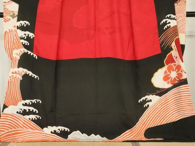 平和屋本店●アンティーク 大正ロマン 振袖 駒刺繍 立波吉祥花松文 正絹 逸品 AABN8092cs