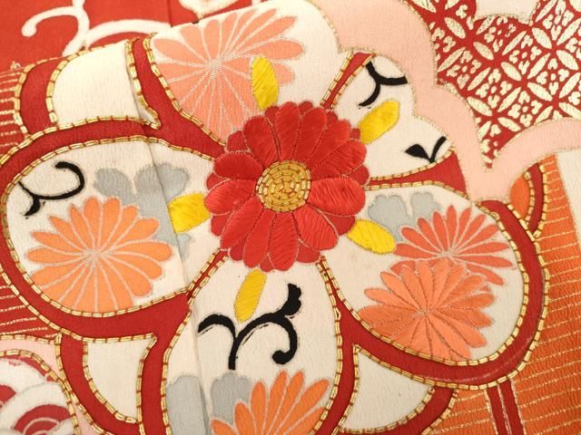 平和屋本店●アンティーク 大正ロマン 振袖 駒刺繍 立波吉祥花松文 正絹 逸品 AABN8092cs