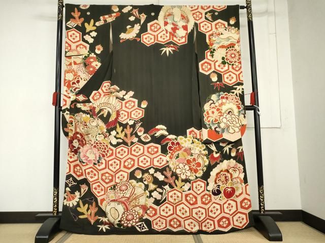 平和屋本店●アンティーク 大正ロマン 振袖 駒刺繍 舞鶴花鼓文 黒地 金彩 正絹 逸品 AABN8093cs