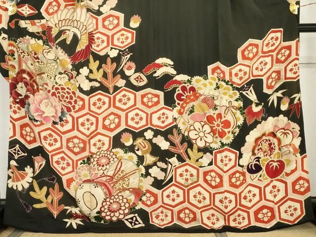 平和屋本店●アンティーク 大正ロマン 振袖 駒刺繍 舞鶴花鼓文 黒地 金彩 正絹 逸品 AABN8093cs