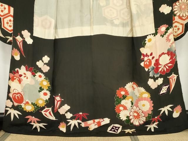 平和屋本店●アンティーク 大正ロマン 振袖 駒刺繍 舞鶴花鼓文 黒地 金彩 正絹 逸品 AABN8093cs