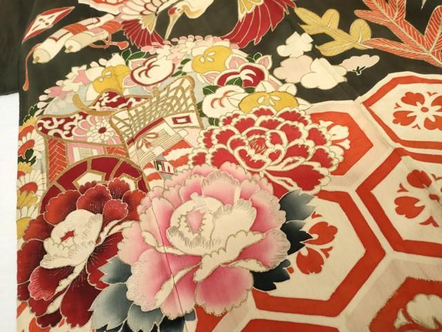 平和屋本店●アンティーク 大正ロマン 振袖 駒刺繍 舞鶴花鼓文 黒地 金彩 正絹 逸品 AABN8093cs